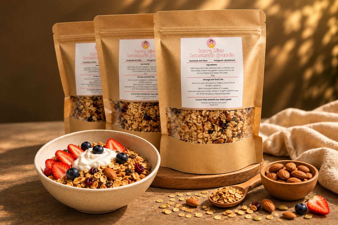 Three pouches of Ash Bites Berry Bliss granola beside a bowl of granola with yogurt, strawberries, blueberries and almonds