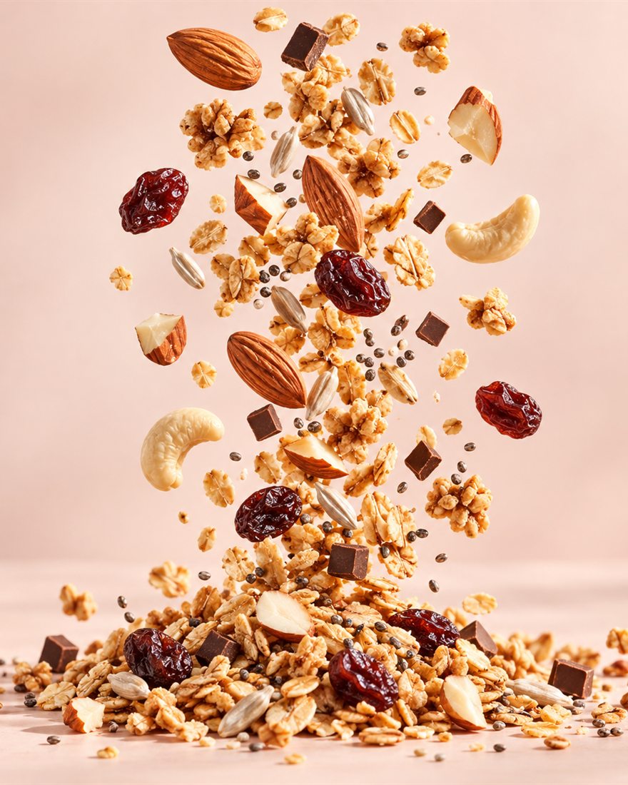 Oats, almonds, cashews, raisins and chocolate falling into a pile of Ash Bites granola